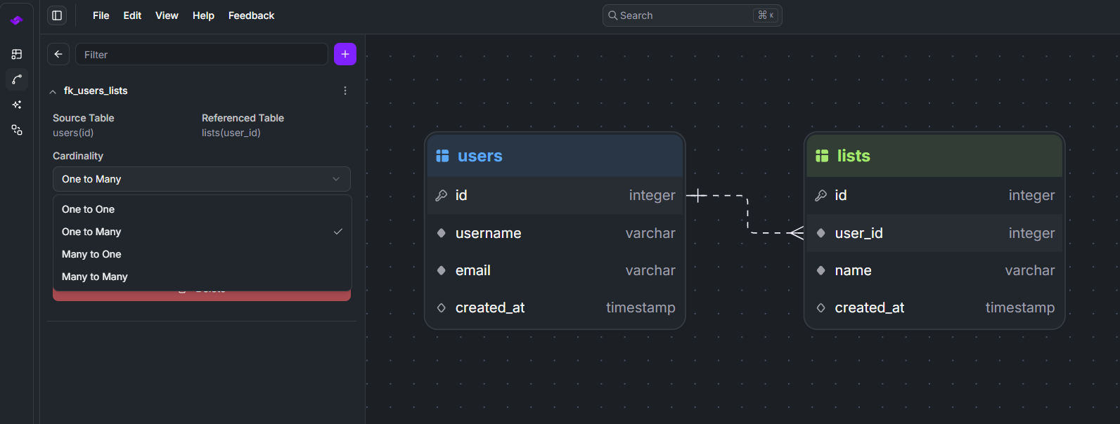StackRender database relationship cardinalities