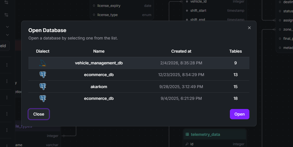 StackRender open database diagram dialog